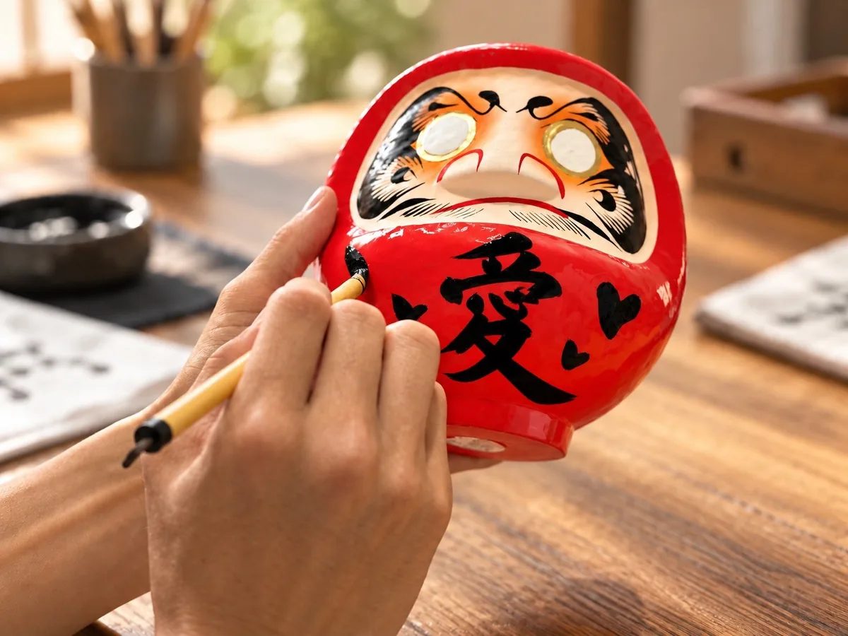 Writing the kanji for love on a red Daruma with a brush at DARUMA LAB. in Osaka